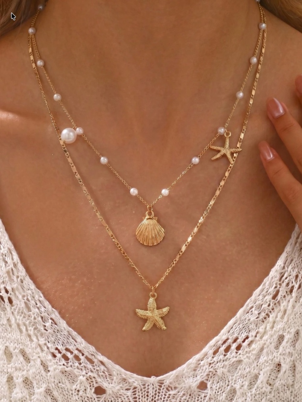 Gold Tone Faux Pearl Starfish Shell Multilayer Necklace